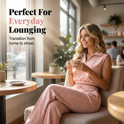 ⏳Time-Limited Special⏰Women's Two-Piece Lounge Set – Collared Crop Top & Wide-Leg Pants – Drawstring & Breathable – Chic Casual Outfit 👖