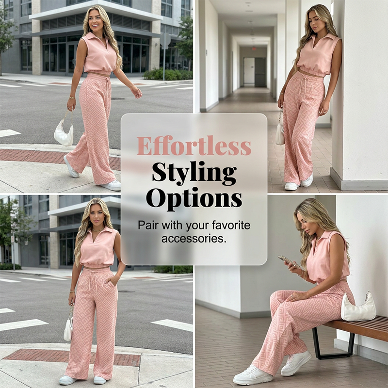 ⏳Time-Limited Special⏰Women's Two-Piece Lounge Set – Collared Crop Top & Wide-Leg Pants – Drawstring & Breathable – Chic Casual Outfit 👖