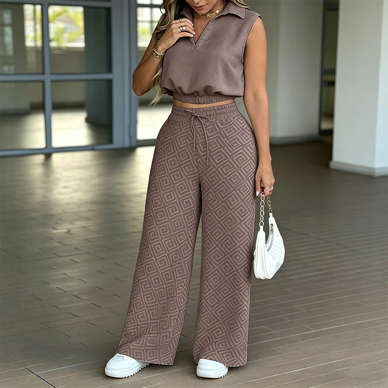 ⏳Time-Limited Special⏰Women's Two-Piece Lounge Set – Collared Crop Top & Wide-Leg Pants – Drawstring & Breathable – Chic Casual Outfit 👖
