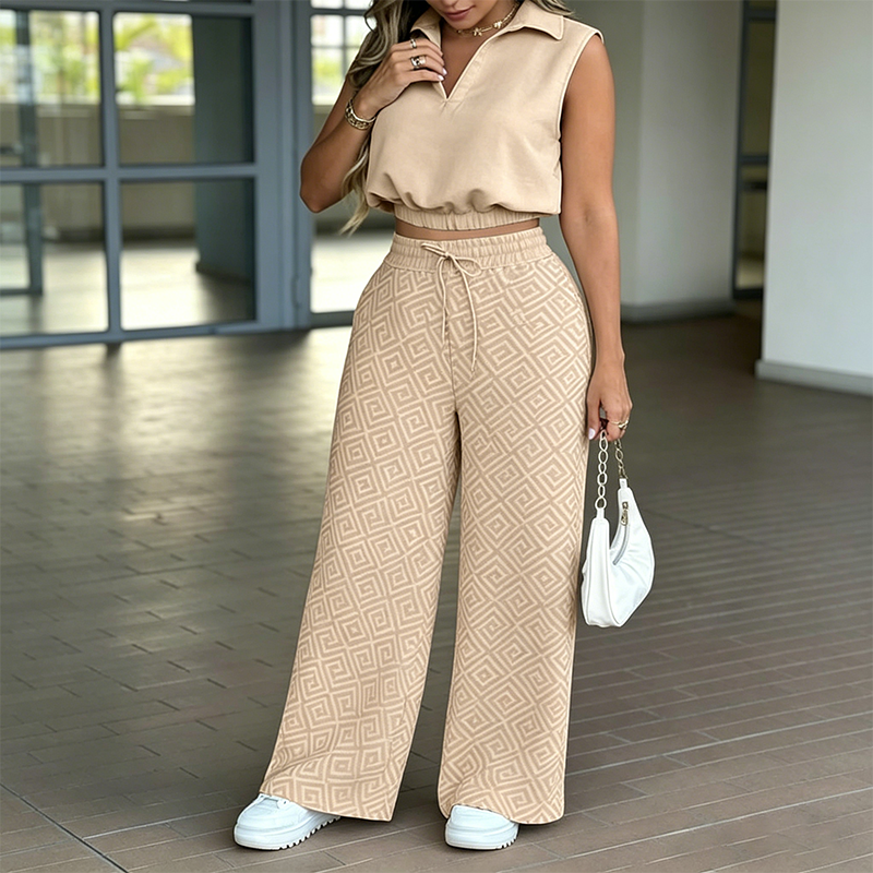 ⏳Time-Limited Special⏰Women's Two-Piece Lounge Set – Collared Crop Top & Wide-Leg Pants – Drawstring & Breathable – Chic Casual Outfit 👖