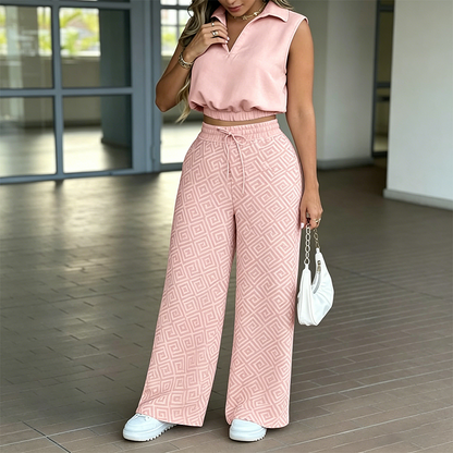 ⏳Time-Limited Special⏰Women's Two-Piece Lounge Set – Collared Crop Top & Wide-Leg Pants – Drawstring & Breathable – Chic Casual Outfit 👖