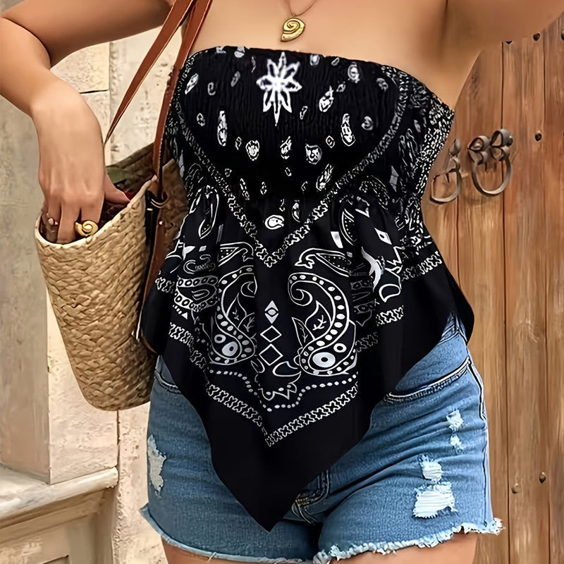 ⏳Time-Limited Special⏰Women's Asymmetrical Hem Bandana Tube Top – Strapless, Smocked Bust & Paisley Print – Bohemian Summer Style ✨