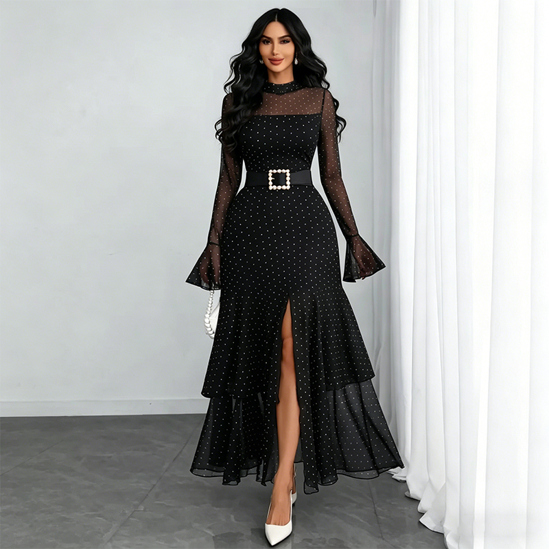 ⏳Time-Limited Special⏰Women's Bell Sleeve Maxi Dress – Sheer, High-Slit, Elegant ✨