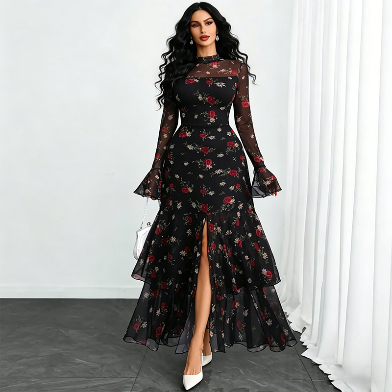 ⏳Time-Limited Special⏰Women's Bell Sleeve Maxi Dress – Sheer, High-Slit, Elegant ✨