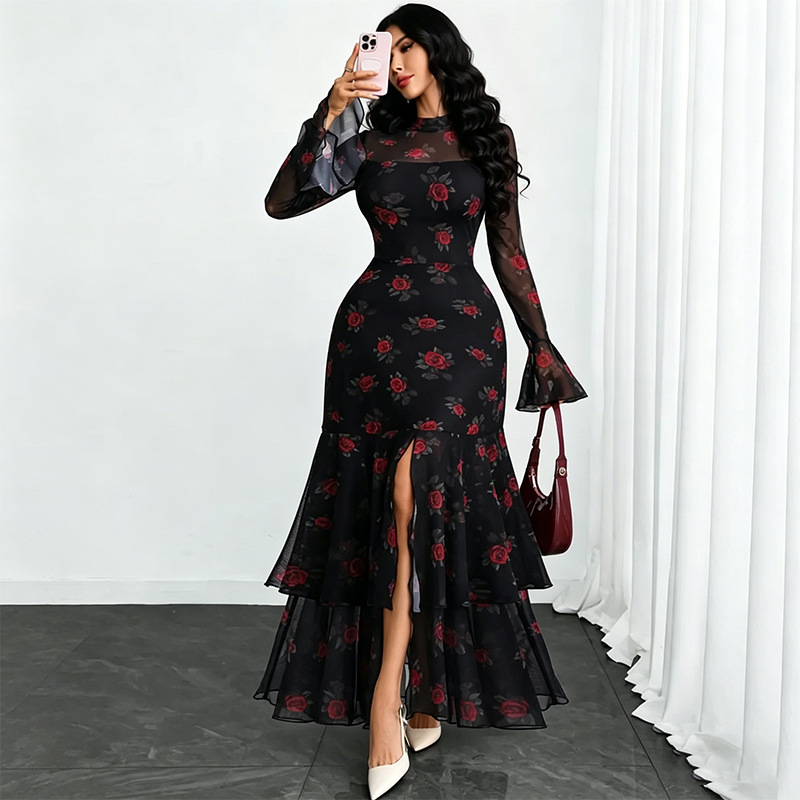 ⏳Time-Limited Special⏰Women's Bell Sleeve Maxi Dress – Sheer, High-Slit, Elegant ✨