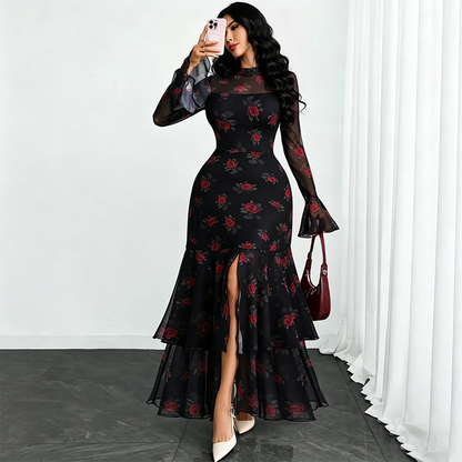 ⏳Time-Limited Special⏰Women's Bell Sleeve Maxi Dress – Sheer, High-Slit, Elegant ✨