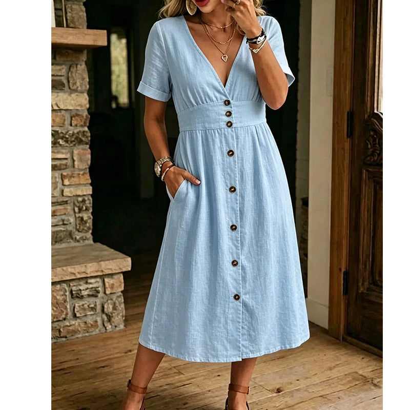 ⏳Time-Limited Special⏰Women's Summer V-Neck Button-Down Dress – Empire Waist, Side Pockets, Breathable 🌸