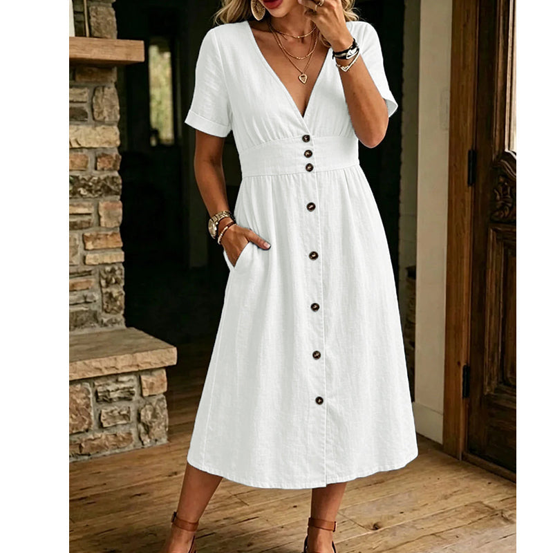⏳Time-Limited Special⏰Women's Summer V-Neck Button-Down Dress – Empire Waist, Side Pockets, Breathable 🌸