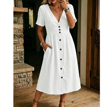 ⏳Time-Limited Special⏰Women's Summer V-Neck Button-Down Dress – Empire Waist, Side Pockets, Breathable 🌸