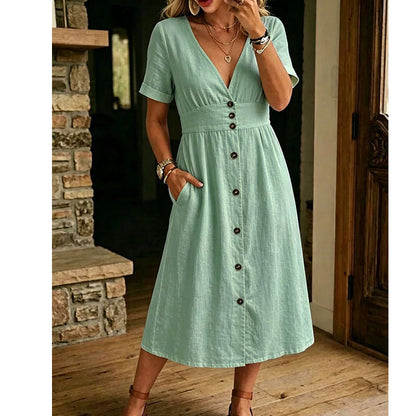⏳Time-Limited Special⏰Women's Summer V-Neck Button-Down Dress – Empire Waist, Side Pockets, Breathable 🌸