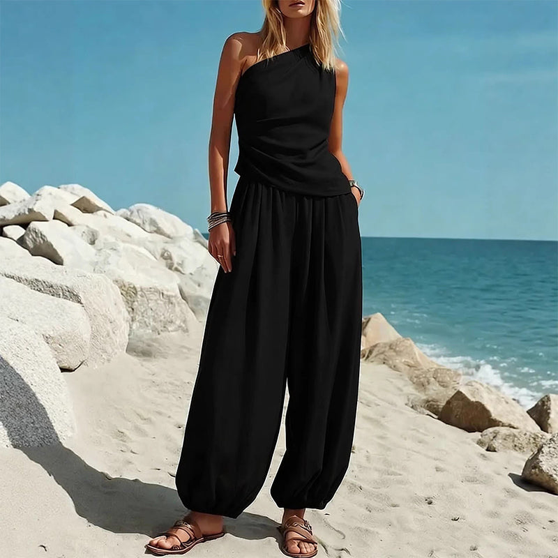⏳Time-Limited Special⏰Women's One-Shoulder Top and Wide-Leg Pants Set