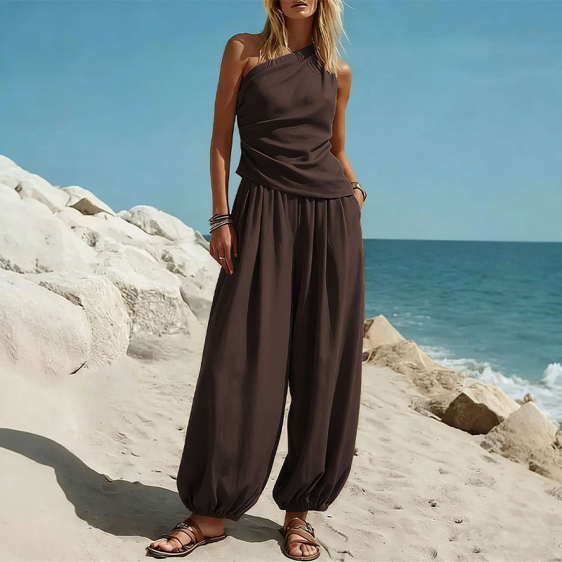 ⏳Time-Limited Special⏰Women's One-Shoulder Top and Wide-Leg Pants Set