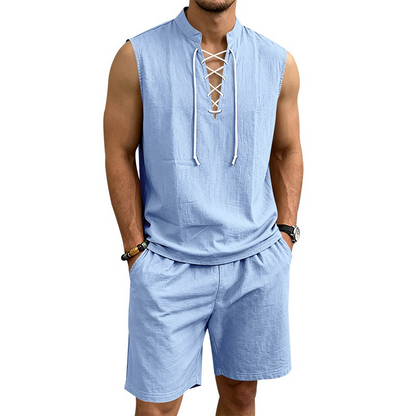 ⏳Time-Limited Special⏰Men's Linen Sleeveless Lace-Up Top & Shorts Set