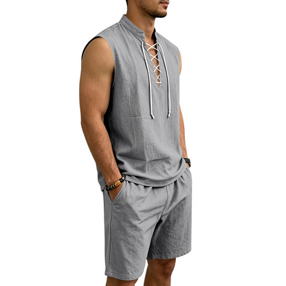⏳Time-Limited Special⏰Men's Linen Sleeveless Lace-Up Top & Shorts Set