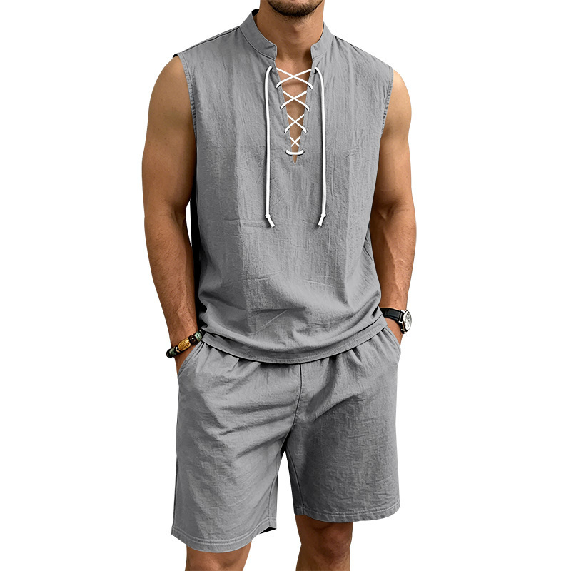 ⏳Time-Limited Special⏰Men's Linen Sleeveless Lace-Up Top & Shorts Set