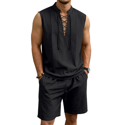 ⏳Time-Limited Special⏰Men's Linen Sleeveless Lace-Up Top & Shorts Set