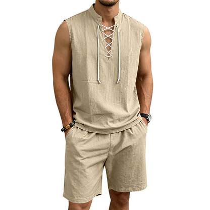 ⏳Time-Limited Special⏰Men's Linen Sleeveless Lace-Up Top & Shorts Set