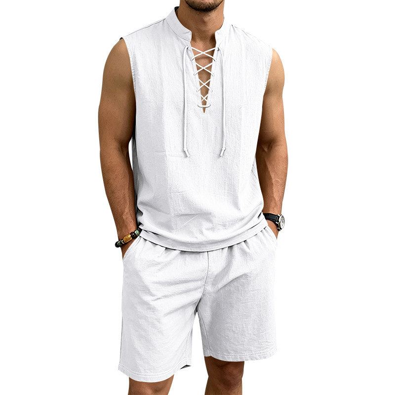 ⏳Time-Limited Special⏰Men's Linen Sleeveless Lace-Up Top & Shorts Set