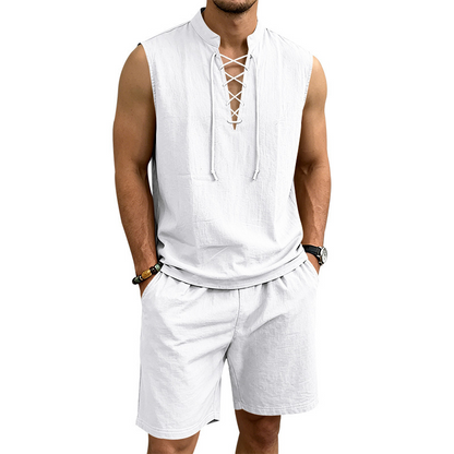 ⏳Time-Limited Special⏰Men's Linen Sleeveless Lace-Up Top & Shorts Set