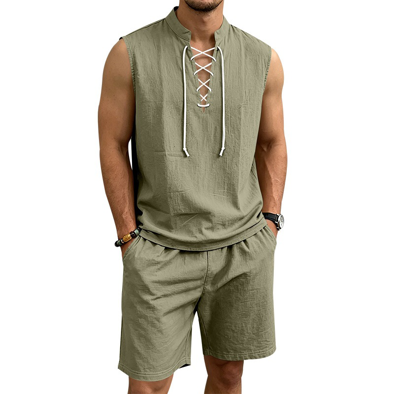 ⏳Time-Limited Special⏰Men's Linen Sleeveless Lace-Up Top & Shorts Set
