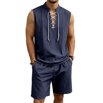 ⏳Time-Limited Special⏰Men's Linen Sleeveless Lace-Up Top & Shorts Set