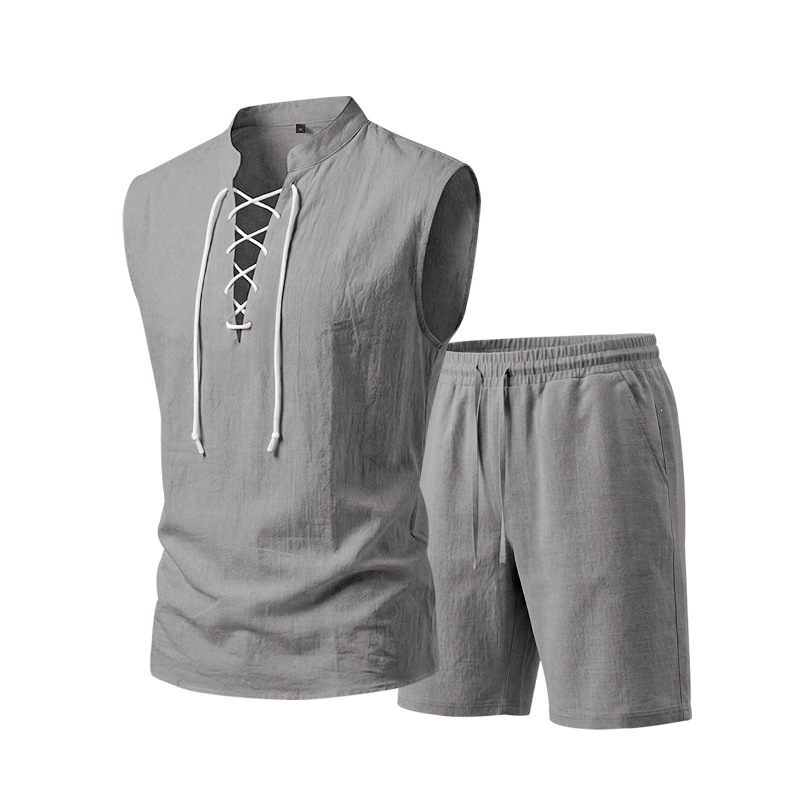⏳Time-Limited Special⏰Men's Linen Sleeveless Lace-Up Top & Shorts Set