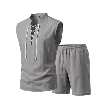 ⏳Time-Limited Special⏰Men's Linen Sleeveless Lace-Up Top & Shorts Set