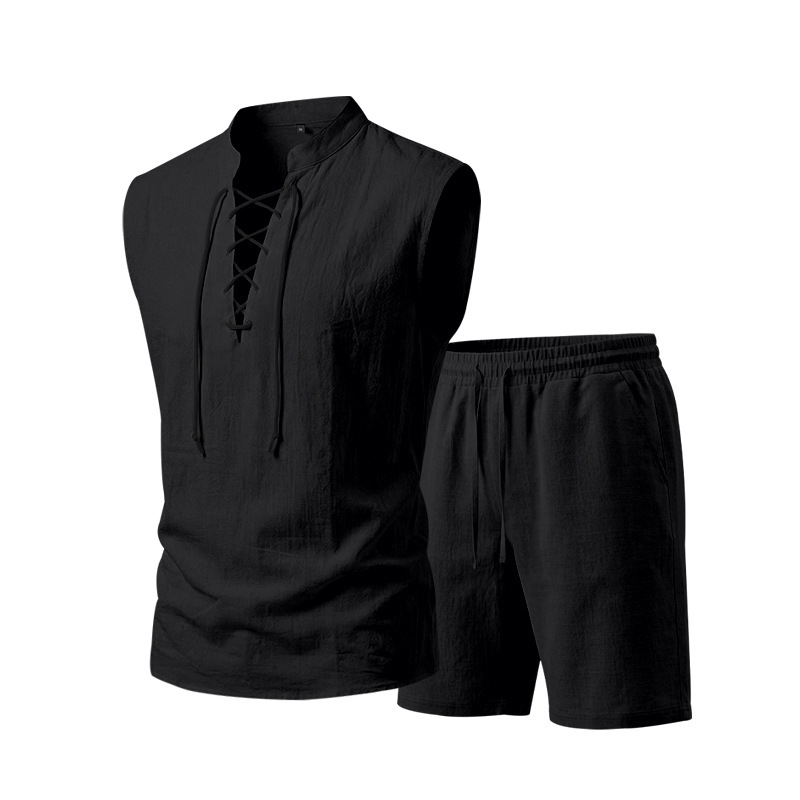 ⏳Time-Limited Special⏰Men's Linen Sleeveless Lace-Up Top & Shorts Set