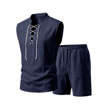 ⏳Time-Limited Special⏰Men's Linen Sleeveless Lace-Up Top & Shorts Set