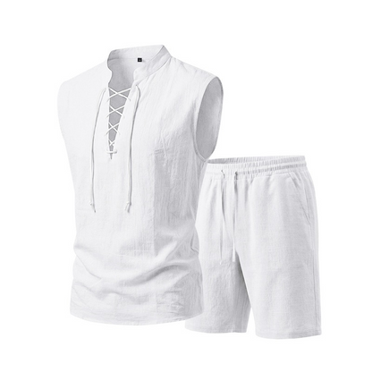 ⏳Time-Limited Special⏰Men's Linen Sleeveless Lace-Up Top & Shorts Set