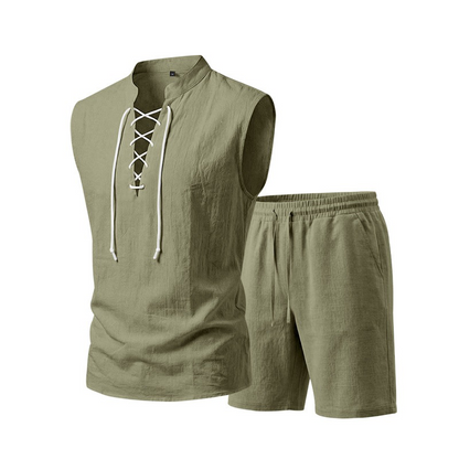 ⏳Time-Limited Special⏰Men's Linen Sleeveless Lace-Up Top & Shorts Set