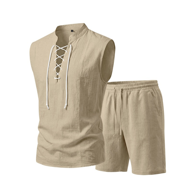 ⏳Time-Limited Special⏰Men's Linen Sleeveless Lace-Up Top & Shorts Set