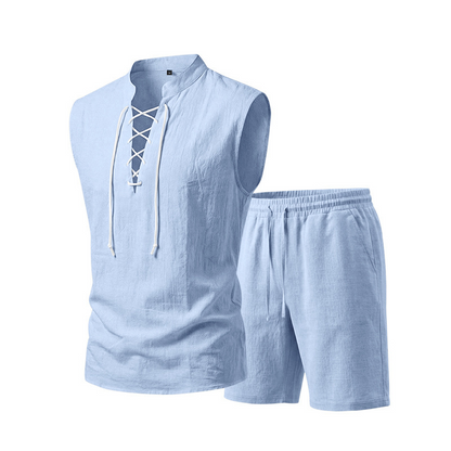 ⏳Time-Limited Special⏰Men's Linen Sleeveless Lace-Up Top & Shorts Set