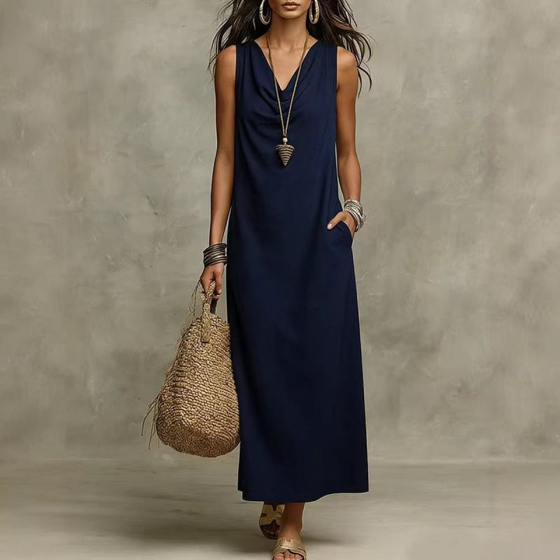 ⏳Time-Limited Special⏰Women's Sleeveless Maxi Dress – Cowl Neck, 5 Colors, Pockets 🍁