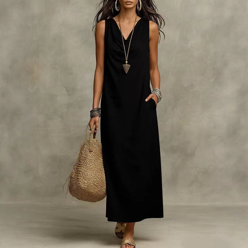 ⏳Time-Limited Special⏰Women's Sleeveless Maxi Dress – Cowl Neck, 5 Colors, Pockets 🍁
