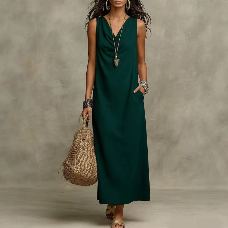 ⏳Time-Limited Special⏰Women's Sleeveless Maxi Dress – Cowl Neck, 5 Colors, Pockets 🍁