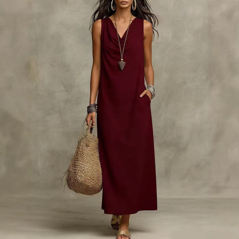 ⏳Time-Limited Special⏰Women's Sleeveless Maxi Dress – Cowl Neck, 5 Colors, Pockets 🍁