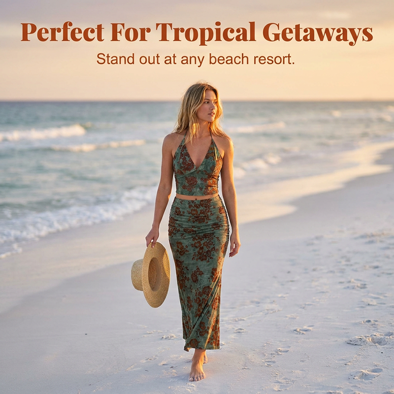 ⏳Time-Limited Special⏰Bohemian Floral Halter Top & Maxi Skirt Set – Mermaid Hem & Resort Chic – Vacation Essential 🌊