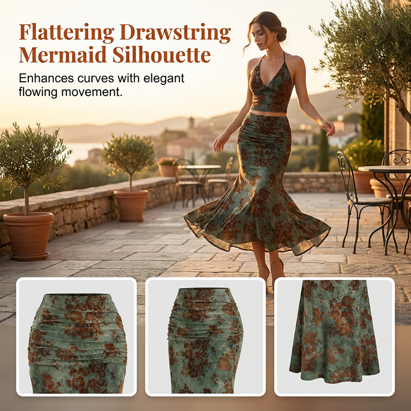⏳Time-Limited Special⏰Bohemian Floral Halter Top & Maxi Skirt Set – Mermaid Hem & Resort Chic – Vacation Essential 🌊