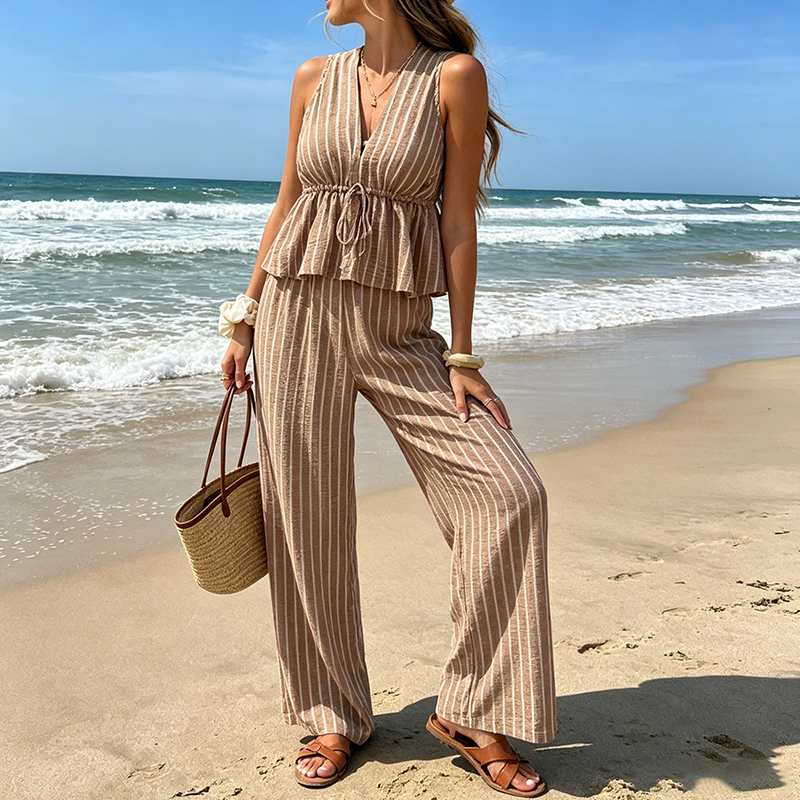 ⏳Time-Limited Special⏰Women's Striped V-Neck Top & Wide-Leg Pants Set