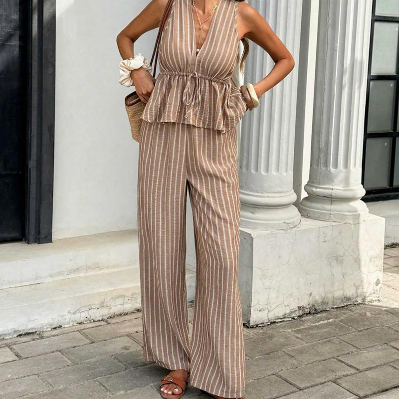 ⏳Time-Limited Special⏰Women's Striped V-Neck Top & Wide-Leg Pants Set