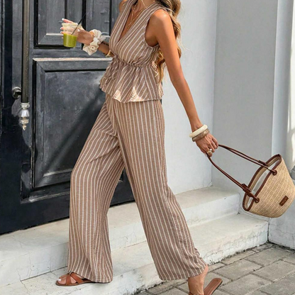⏳Time-Limited Special⏰Women's Striped V-Neck Top & Wide-Leg Pants Set