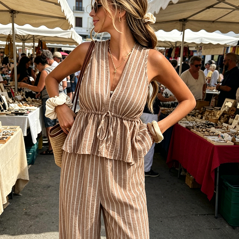 ⏳Time-Limited Special⏰Women's Striped V-Neck Top & Wide-Leg Pants Set