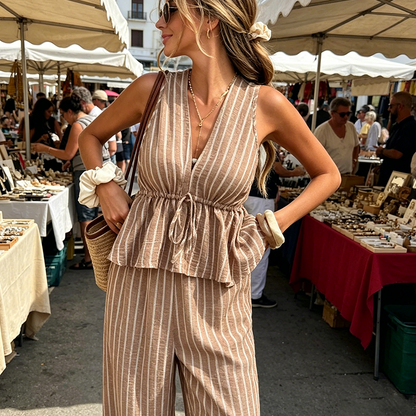 ⏳Time-Limited Special⏰Women's Striped V-Neck Top & Wide-Leg Pants Set