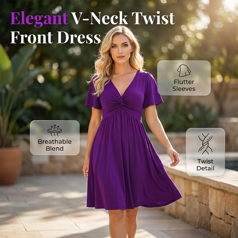 ⏳Time-Limited Special⏰Elegant V-Neck Twist Front Dress with Pockets – Flattering ruched waist, breathable & flowy – perfect for work, weddings or date nights – chic and functional 💃