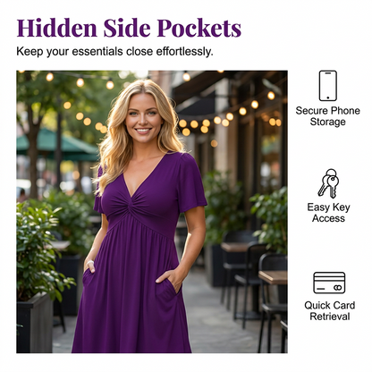⏳Time-Limited Special⏰Elegant V-Neck Twist Front Dress with Pockets – Flattering ruched waist, breathable & flowy – perfect for work, weddings or date nights – chic and functional 💃
