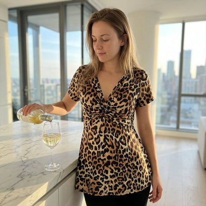⏳Time-Limited Special⏰Women’s Leopard Twist-Front Top – V-Neck, Peplum Hem, Bold Print 💃