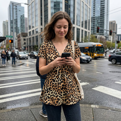 ⏳Time-Limited Special⏰Women’s Leopard Twist-Front Top – V-Neck, Peplum Hem, Bold Print 💃