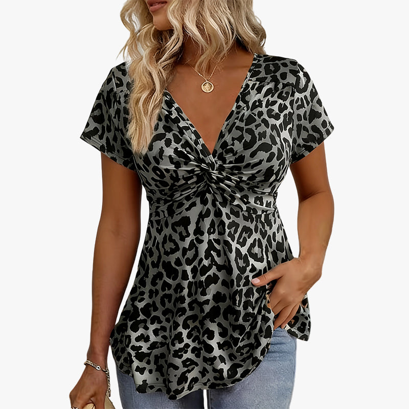 ⏳Time-Limited Special⏰Women’s Leopard Twist-Front Top – V-Neck, Peplum Hem, Bold Print 💃