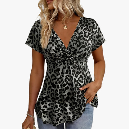 ⏳Time-Limited Special⏰Women’s Leopard Twist-Front Top – V-Neck, Peplum Hem, Bold Print 💃
